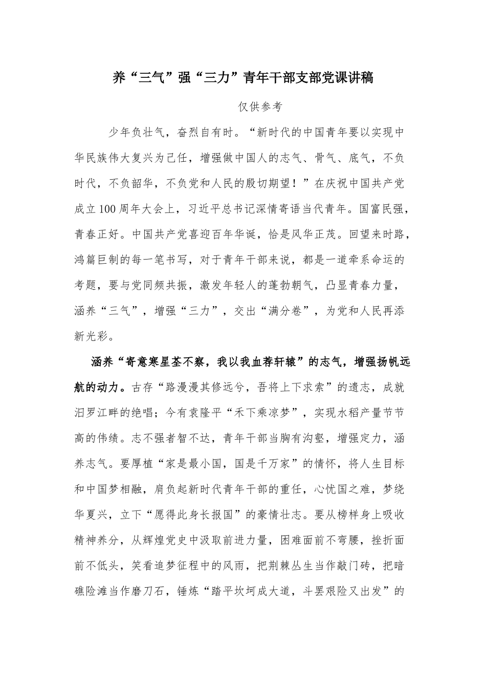 养“三气”强“三力”青年干部支部党课讲稿.docx_第1页