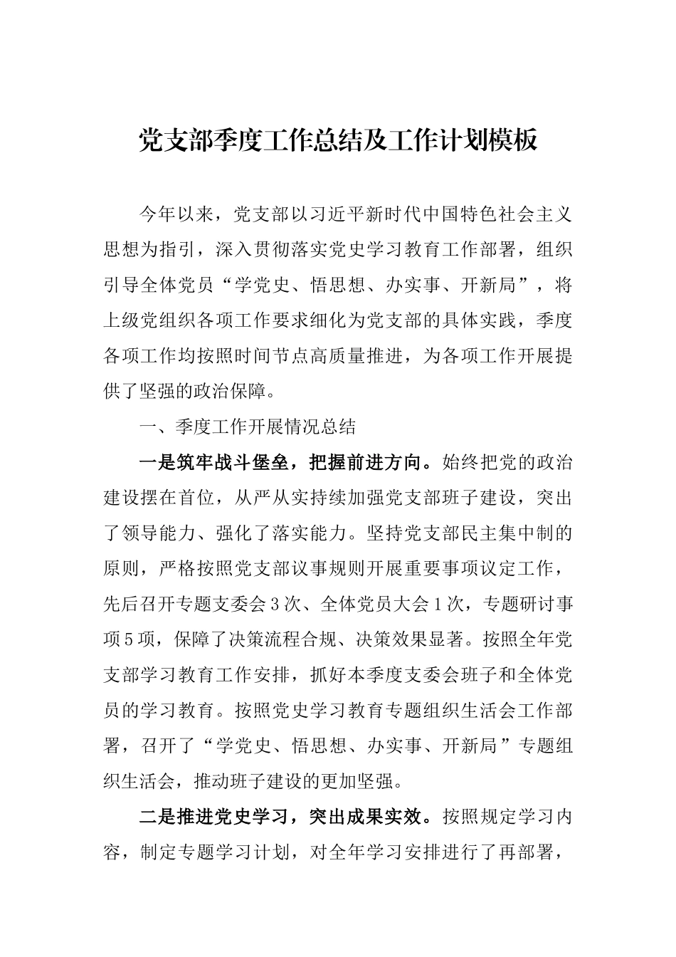 党支部季度工作总结及工作计划模板.docx_第1页