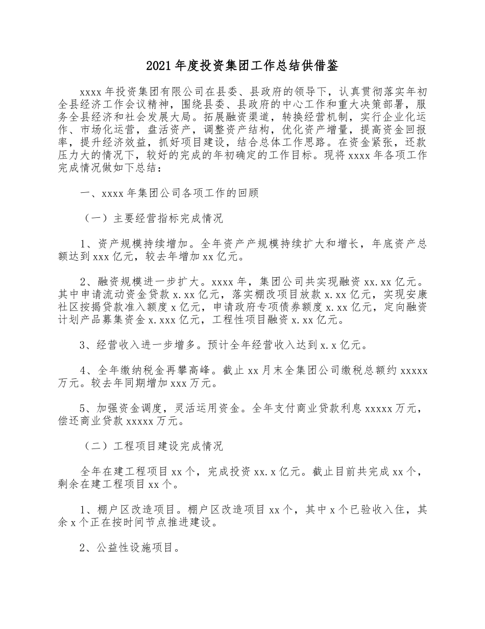2021年度投资集团工作总结供借鉴.docx_第1页