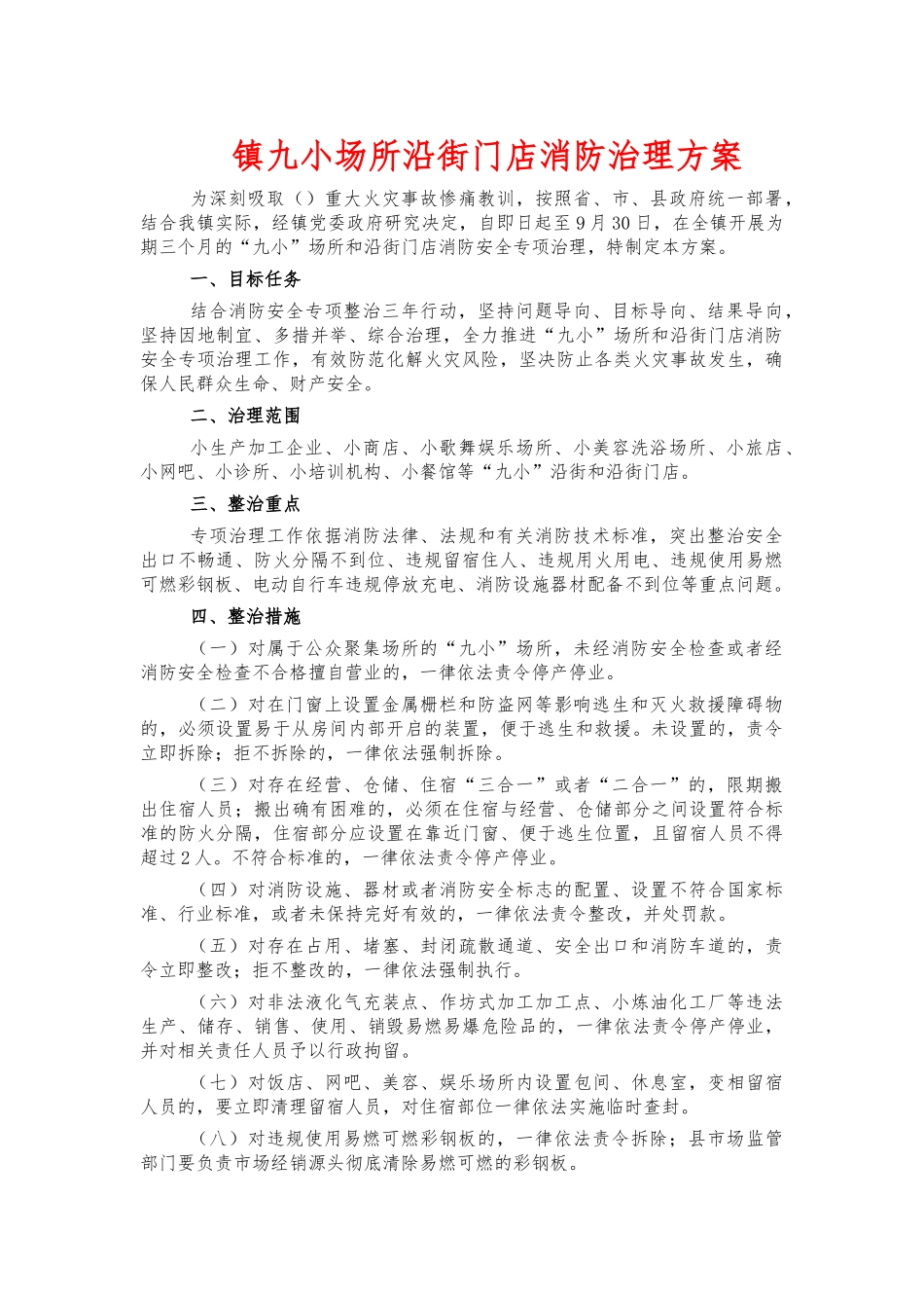 镇九小场所沿街门店消防治理方案.docx_第1页