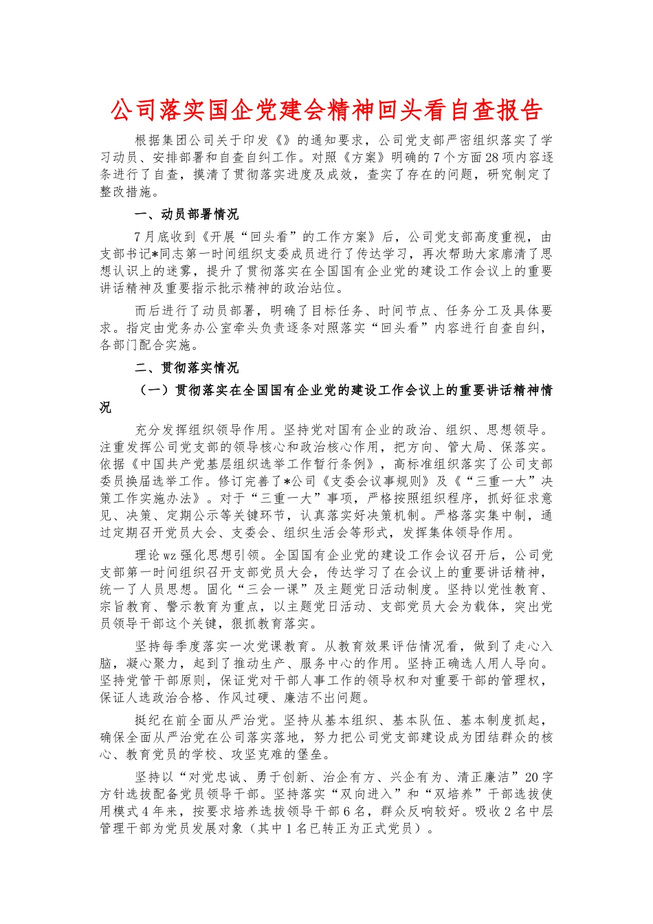 公司落实国企党建会精神回头看自查报告.docx_第1页