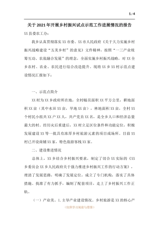 关于2021年开展乡村振兴试点示范工作进展情况的报告.docx