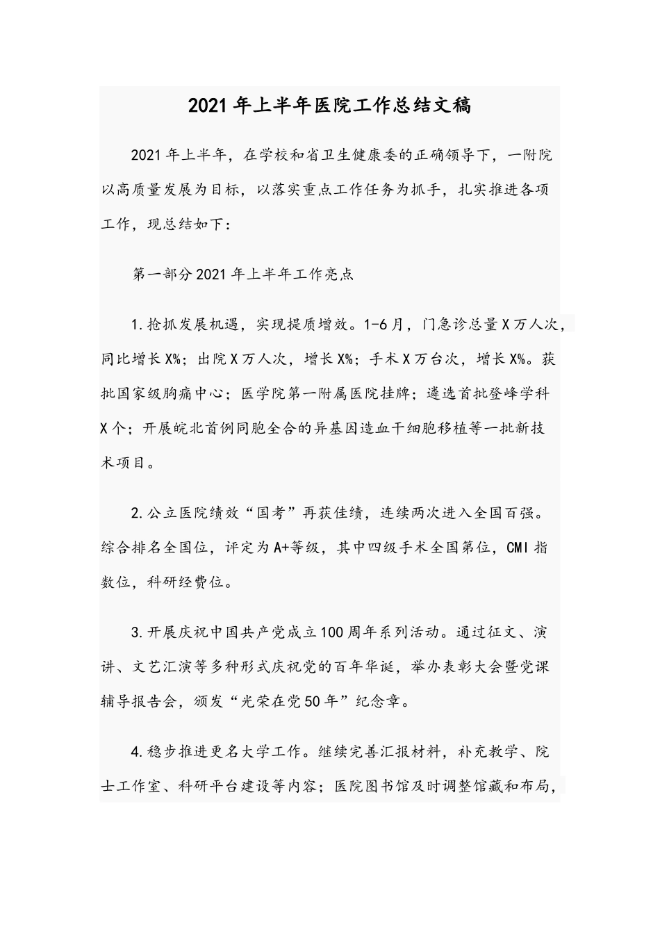2021年上半年医院工作总结文稿.docx_第1页