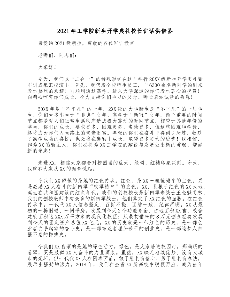 2021年工学院新生开学典礼校长讲话供借鉴.docx_第1页
