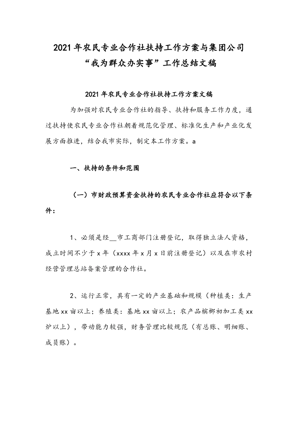 2021年农民专业合作社扶持工作方案与集团公司“我为群众办实事”工作总结文稿.docx_第1页