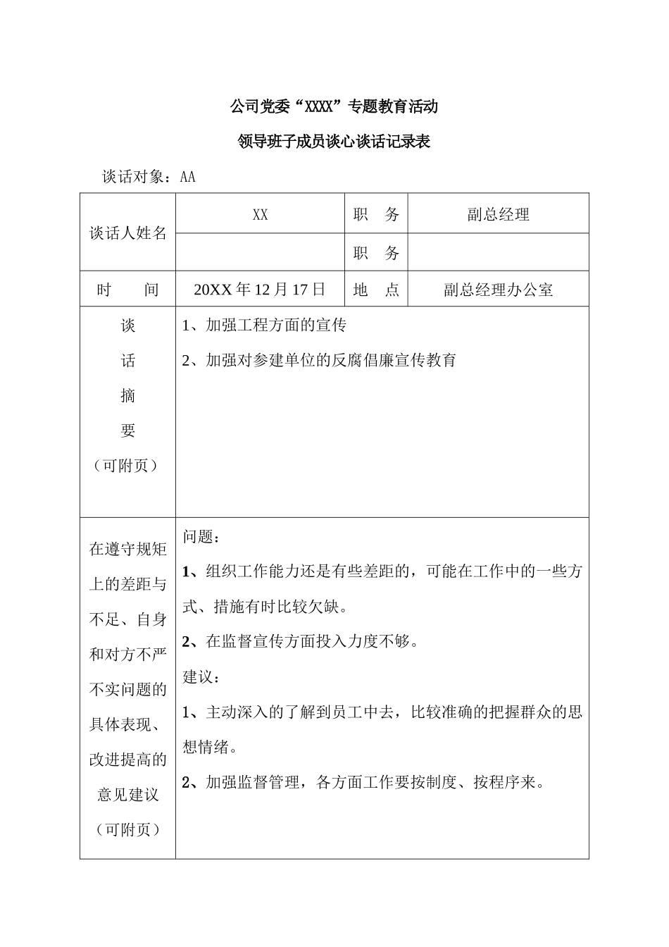 公司党委“XXXX”专题教育活动领导班子成员弹性谈话记录表.docx_第1页