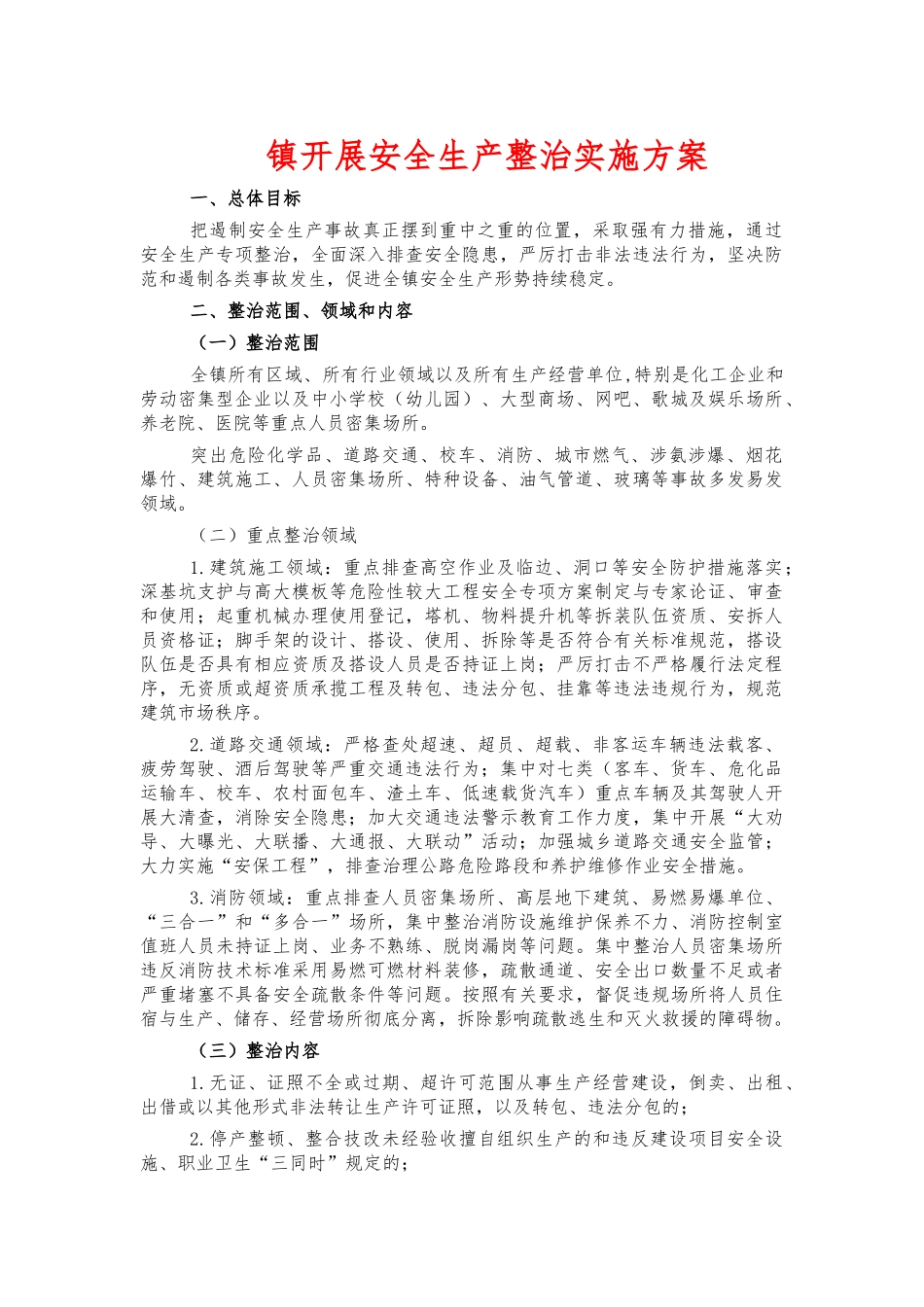 镇开展安全生产整治实施方案.docx_第1页