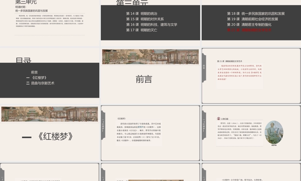 中国历史人教版七年级下册第三单元第21课《清朝前期的文学艺术》教学PPT课件（带内容）.pptx