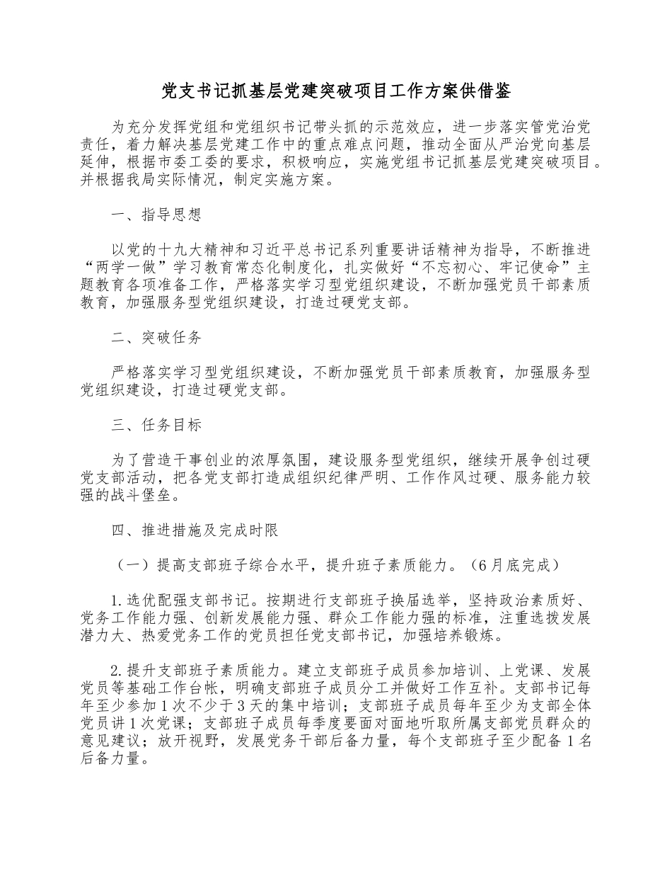 党支书记抓基层党建突破项目工作方案供借鉴.docx_第1页