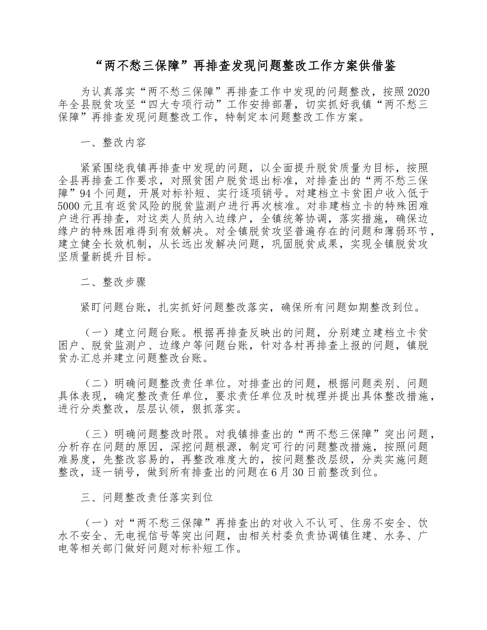 “两不愁三保障”再排查发现问题整改工作方案供借鉴.docx_第1页