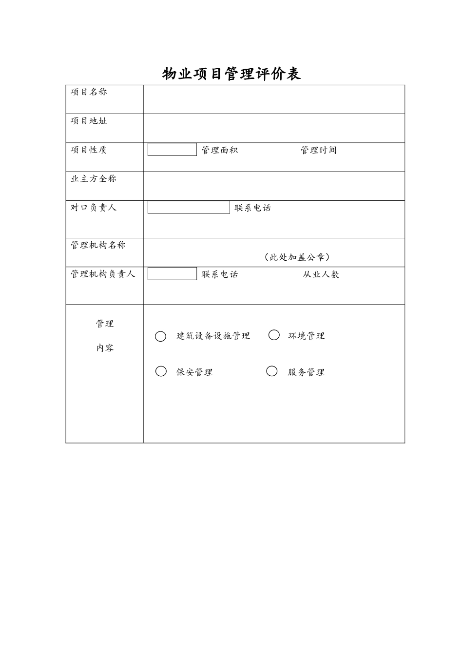 最新物业项目管理评价量化表样本范例.docx_第1页