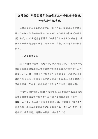 公司2021年落实国有企业党建工作会议精神情况“回头看”报告稿.docx