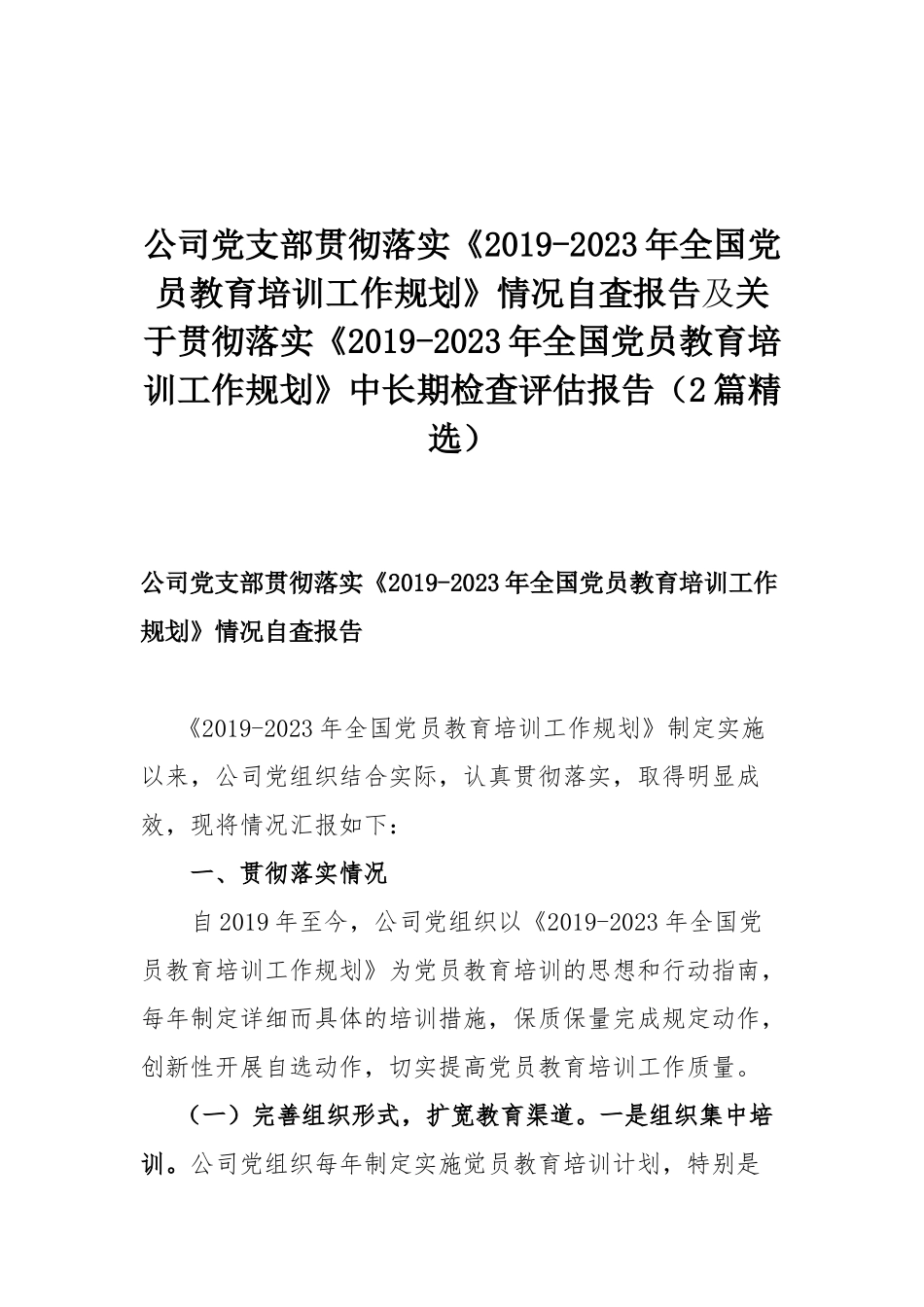 公司党支部贯彻落实《2019-2023年全国党员教育培训工作规划》情况自査报告及关于贯彻落实《2019-2023年全国党员教育培训工作规划》中长期检查评估报告（2篇精选）.docx_第1页
