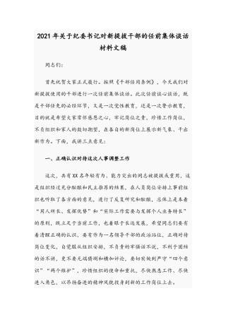 2021年关于纪委书记对新提拔干部的任前集体谈话材料文稿.docx
