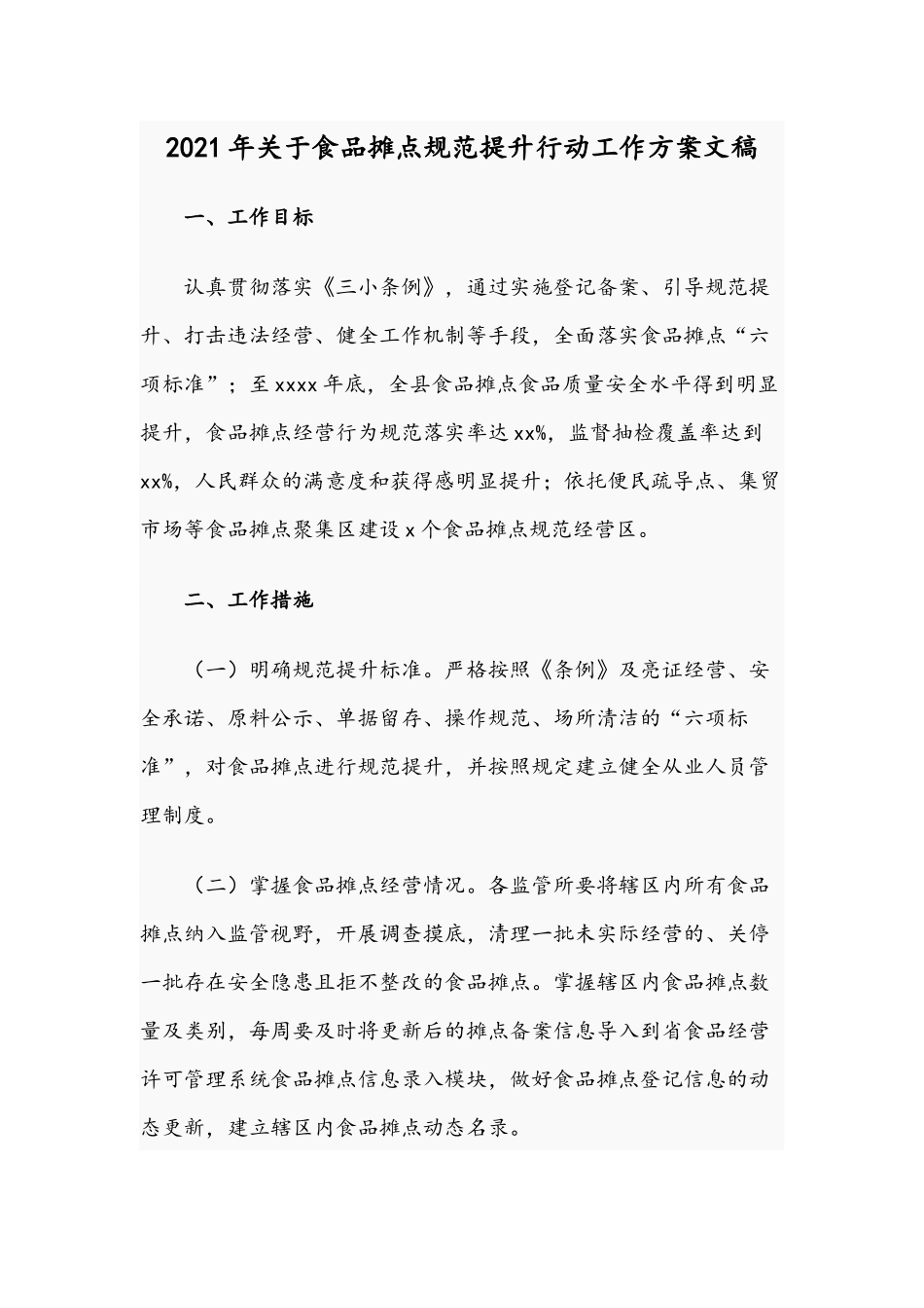 2021年关于食品摊点规范提升行动工作方案文稿.docx_第1页