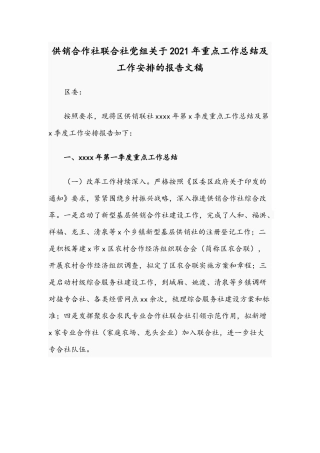 供销合作社联合社党组关于2021年重点工作总结及工作安排的报告文稿.docx