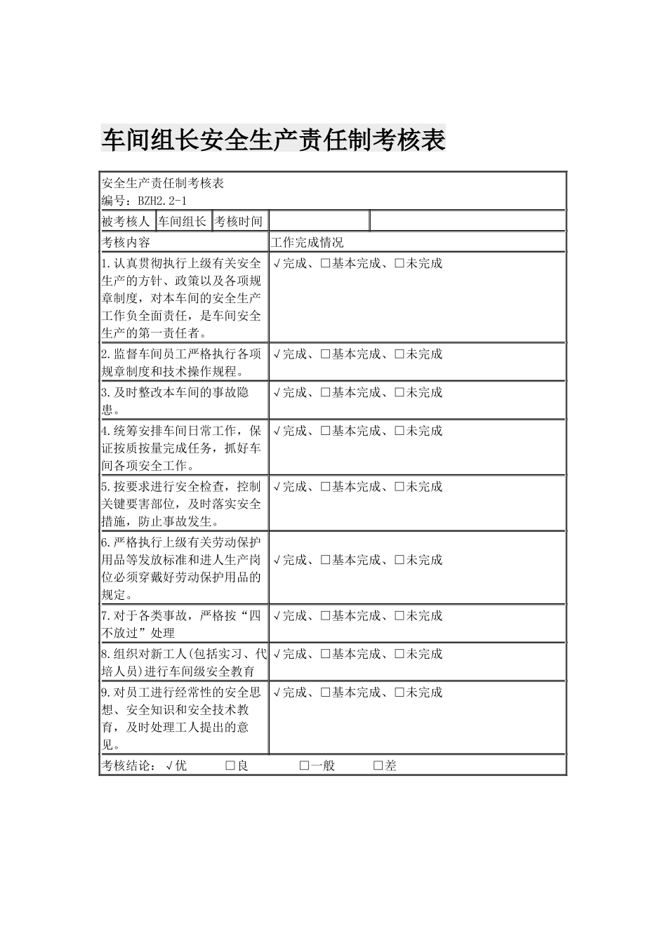 最新车间工人组长安全生产责任制考核表模板范例.docx_第2页