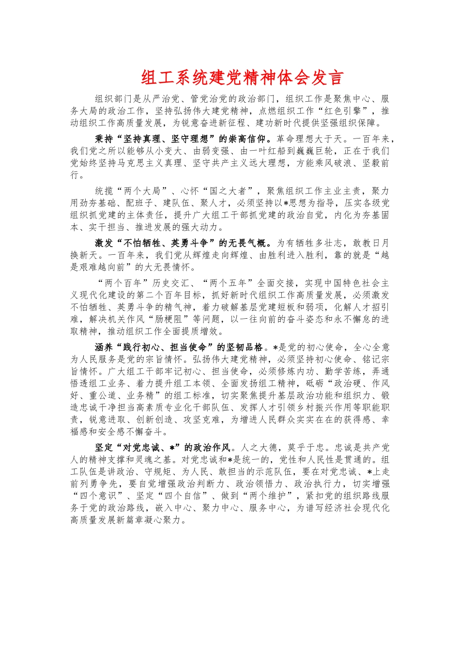 组工系统建党精神体会发言.docx_第1页
