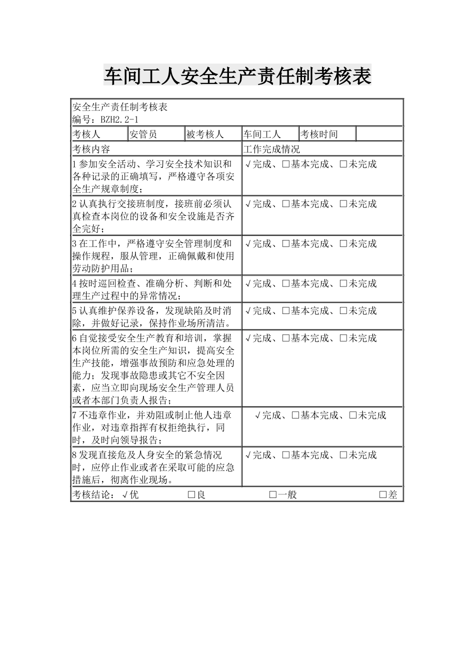 最新安管员车间组长工人安全生产责任制考核表模板范例.docx_第2页