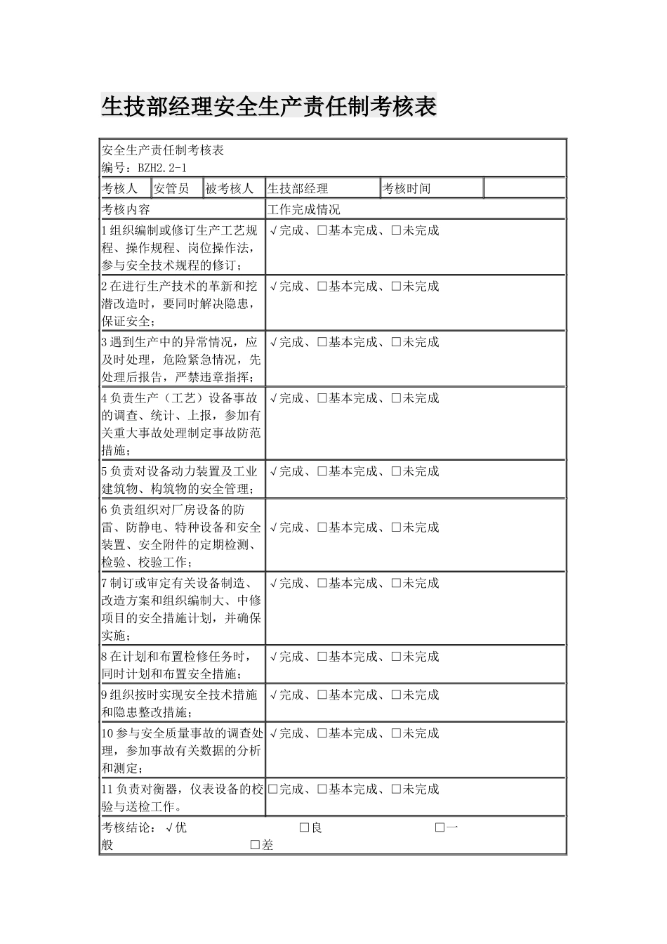 生技部经理办公室负责人车间组长工人安全生产责任制考核表模板范例.docx_第1页
