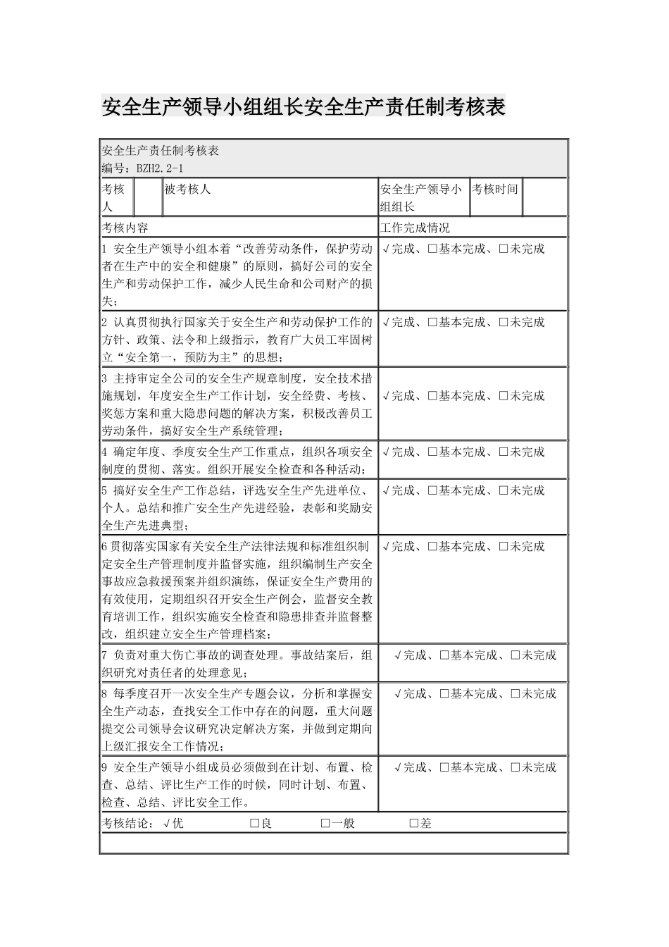 安全生产领导小组组长车间主任工人生产部经理安全生产责任制考核表模板范例.docx_第1页