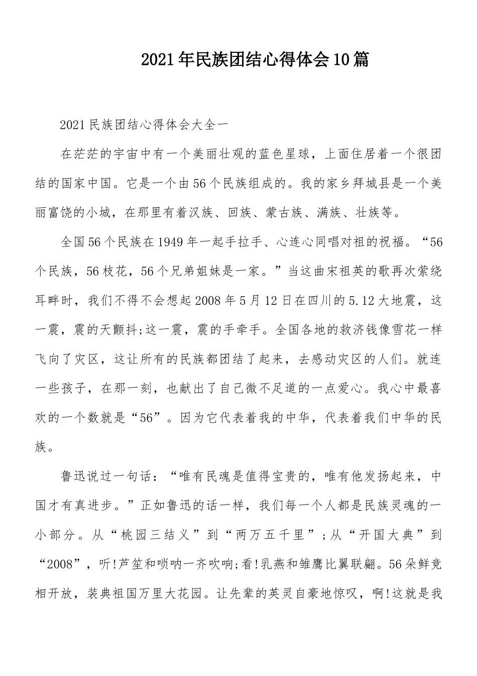 2021年民族团结心得体会10篇.docx_第1页