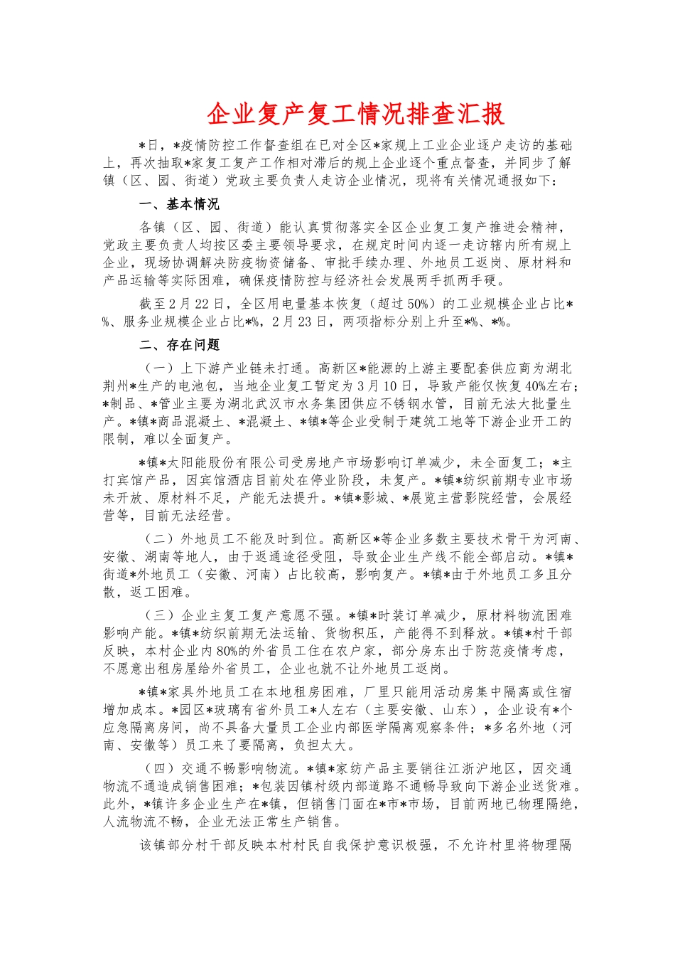 企业复产复工情况排查汇报.docx_第1页