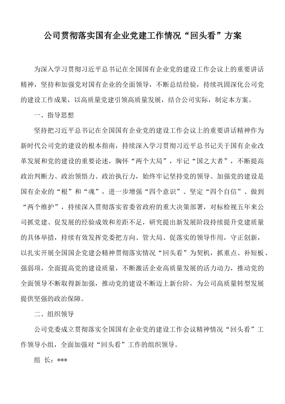 公司贯彻落实国有企业党建工作情况“回头看”方案.docx_第1页