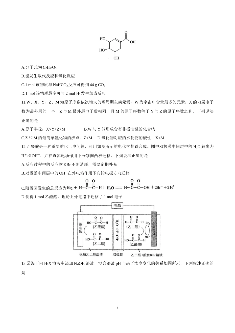 2022年高考化学模拟考试理科综合化学部分.docx_第2页