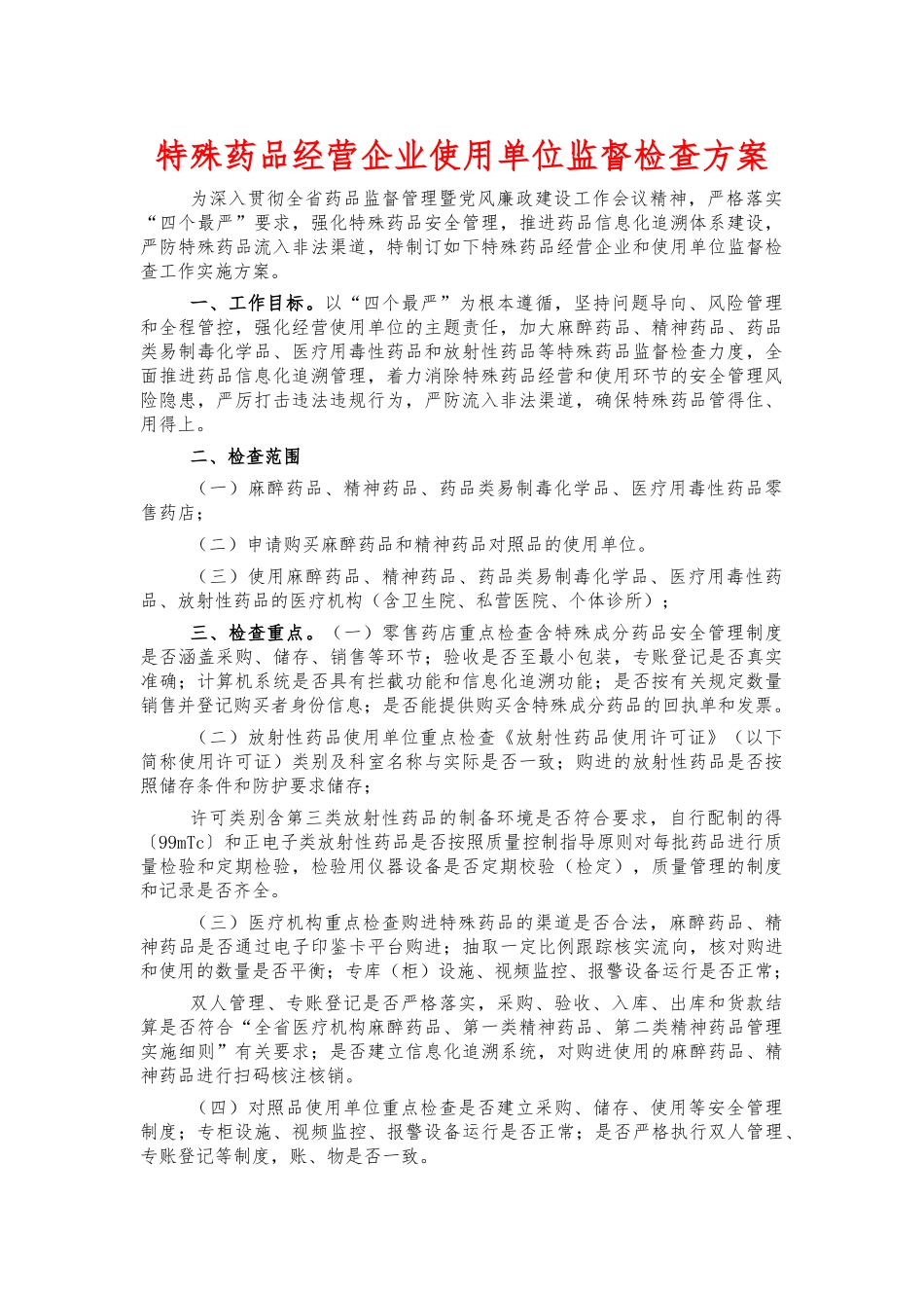 特殊药品经营企业使用单位监督检查方案.docx_第1页