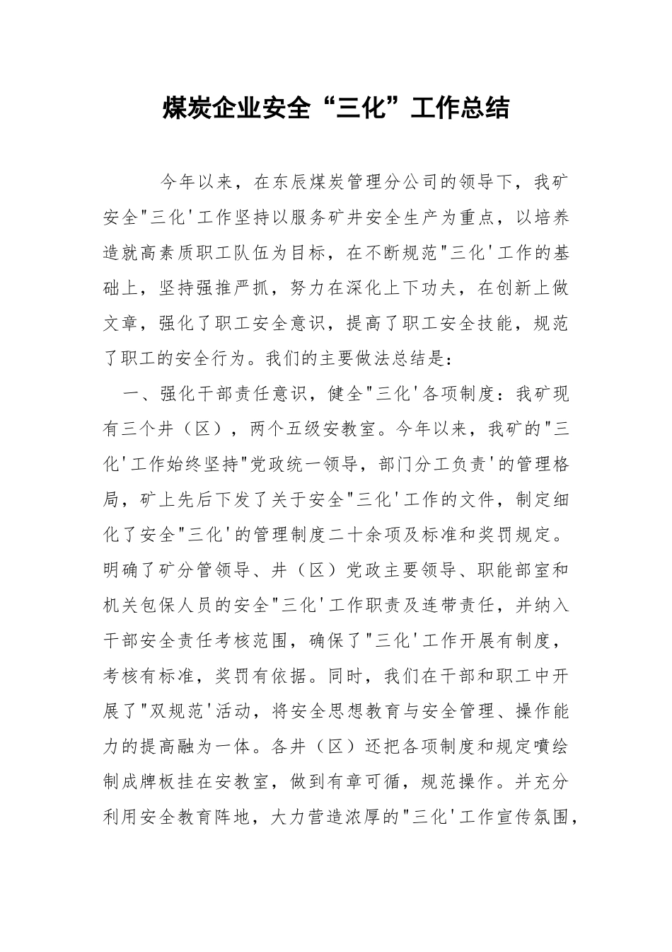 煤炭企业安全“三化”工作总结.docx_第1页