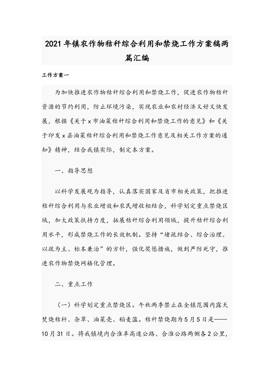 2021年镇农作物秸秆综合利用和禁烧工作方案稿两篇汇编.docx_第1页