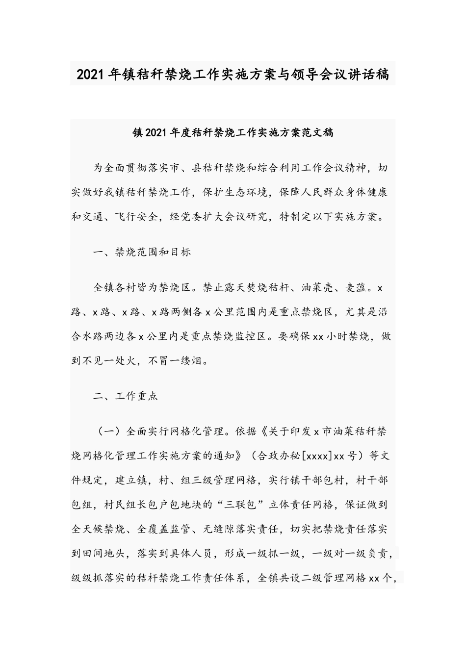 2021年镇秸秆禁烧工作实施方案与领导会议讲话稿.docx_第1页