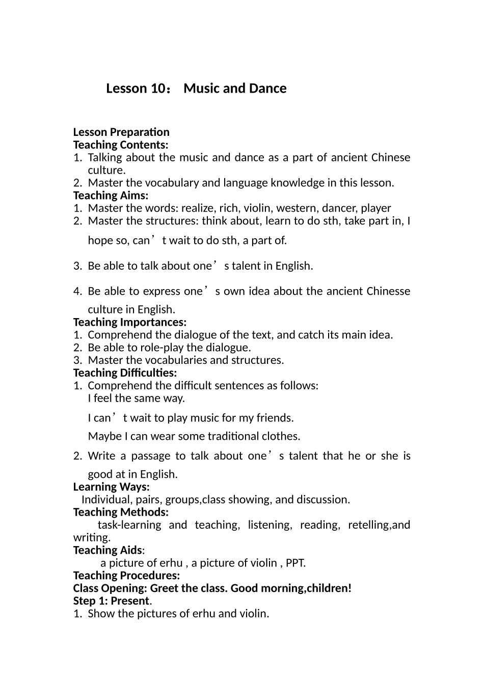 Lesson 10 Music and Dance.教学设计.doc_第1页