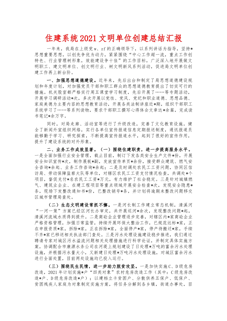 住建系统2021文明单位创建总结汇报.docx_第1页