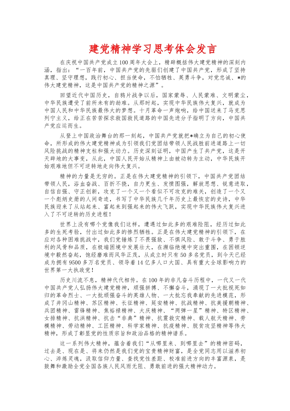 建党精神学习思考体会发言.docx_第1页