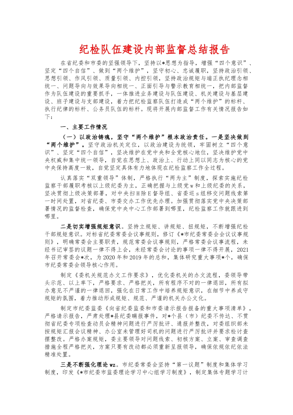 纪检队伍建设内部监督总结报告.docx_第1页