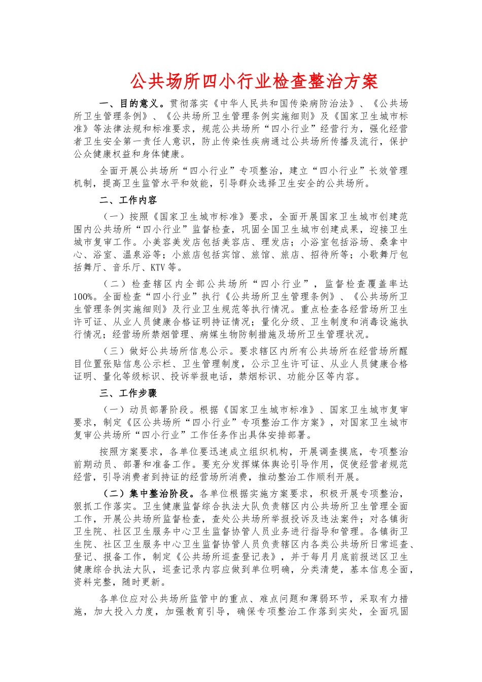 公共场所四小行业检查整治方案.docx_第1页