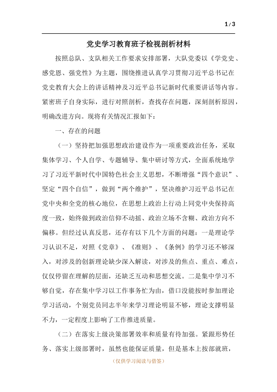 党史学习教育班子检视剖析材料.docx_第1页