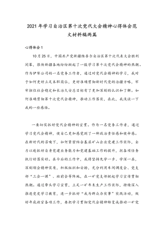 2021年学习自治区第十次党代大会精神心得体会范文材料稿两篇.docx