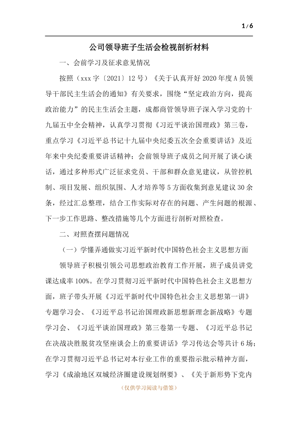 公司领导班子生活会检视剖析材料.docx_第1页