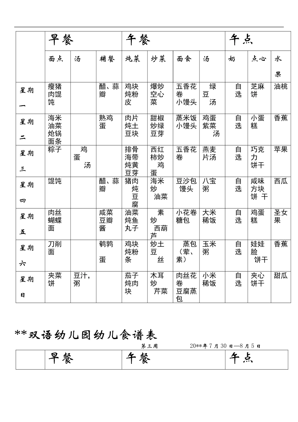 xx双语幼儿园幼儿食谱表（7周没带量）.doc_第2页
