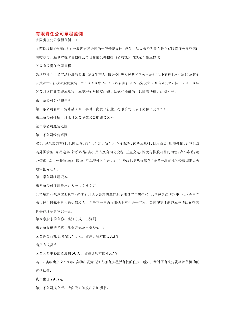 幼儿园有限责任公司章程范例.doc_第1页
