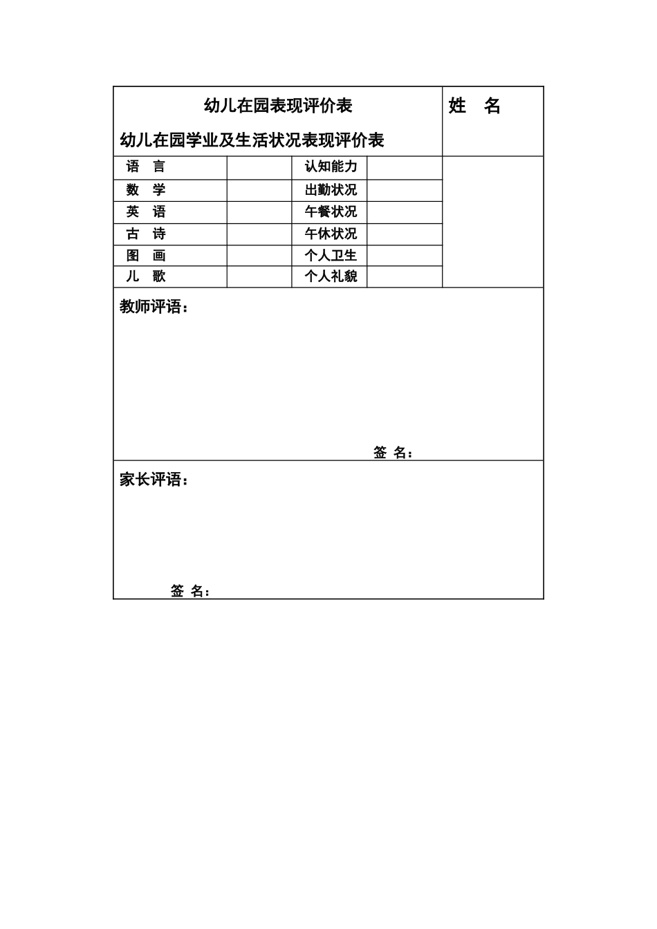 幼儿园幼儿在园表现评价表.docx_第1页