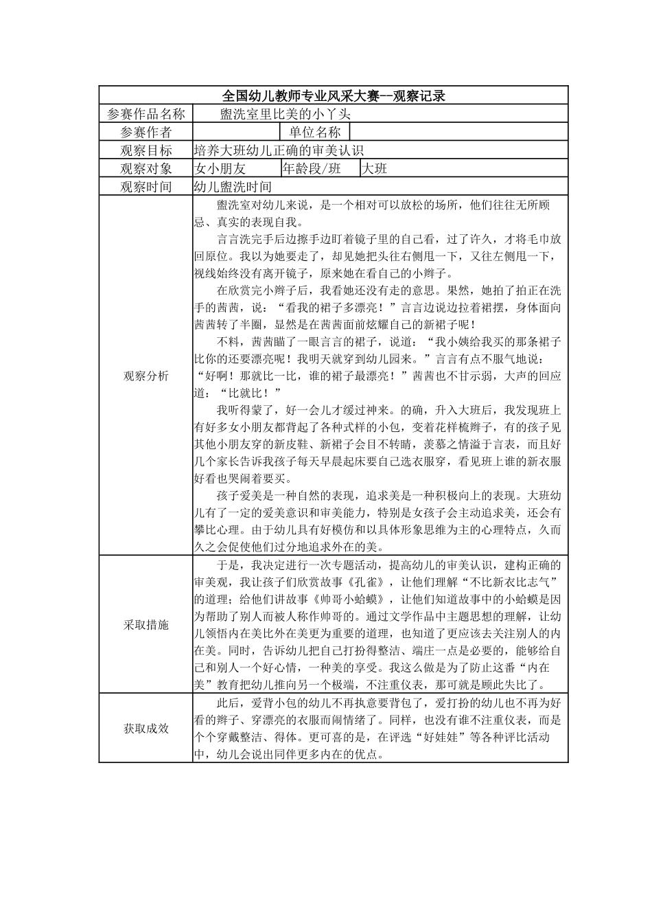 【二等奖观察记录】大班 盥洗室里比美的小丫头.docx_第1页