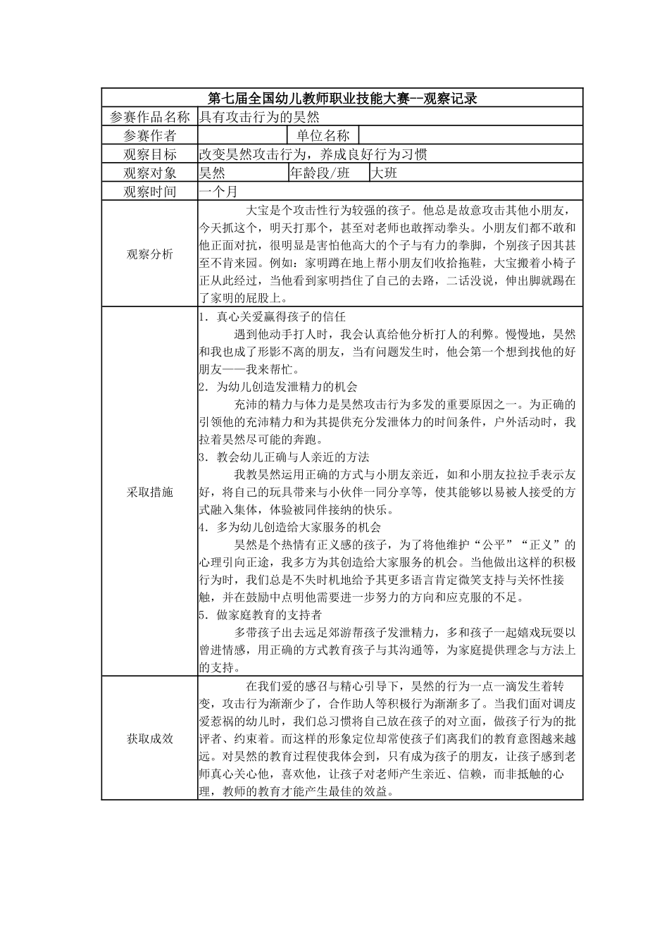 【三等奖 观察记录】大班 具有攻击行为的昊然.docx_第1页