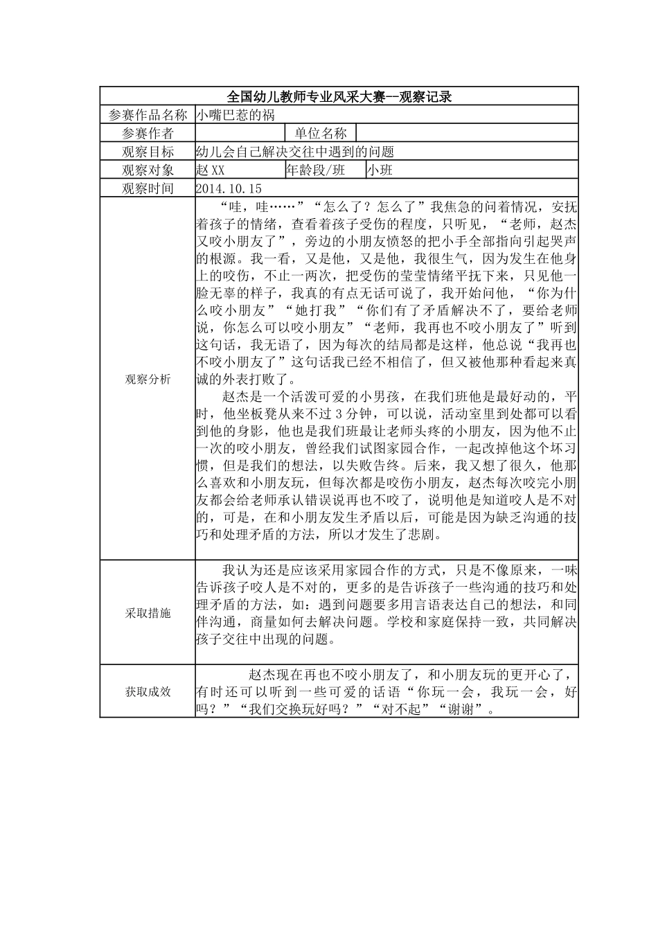 【二等奖观察记录】小班 小嘴巴惹的祸.docx_第1页