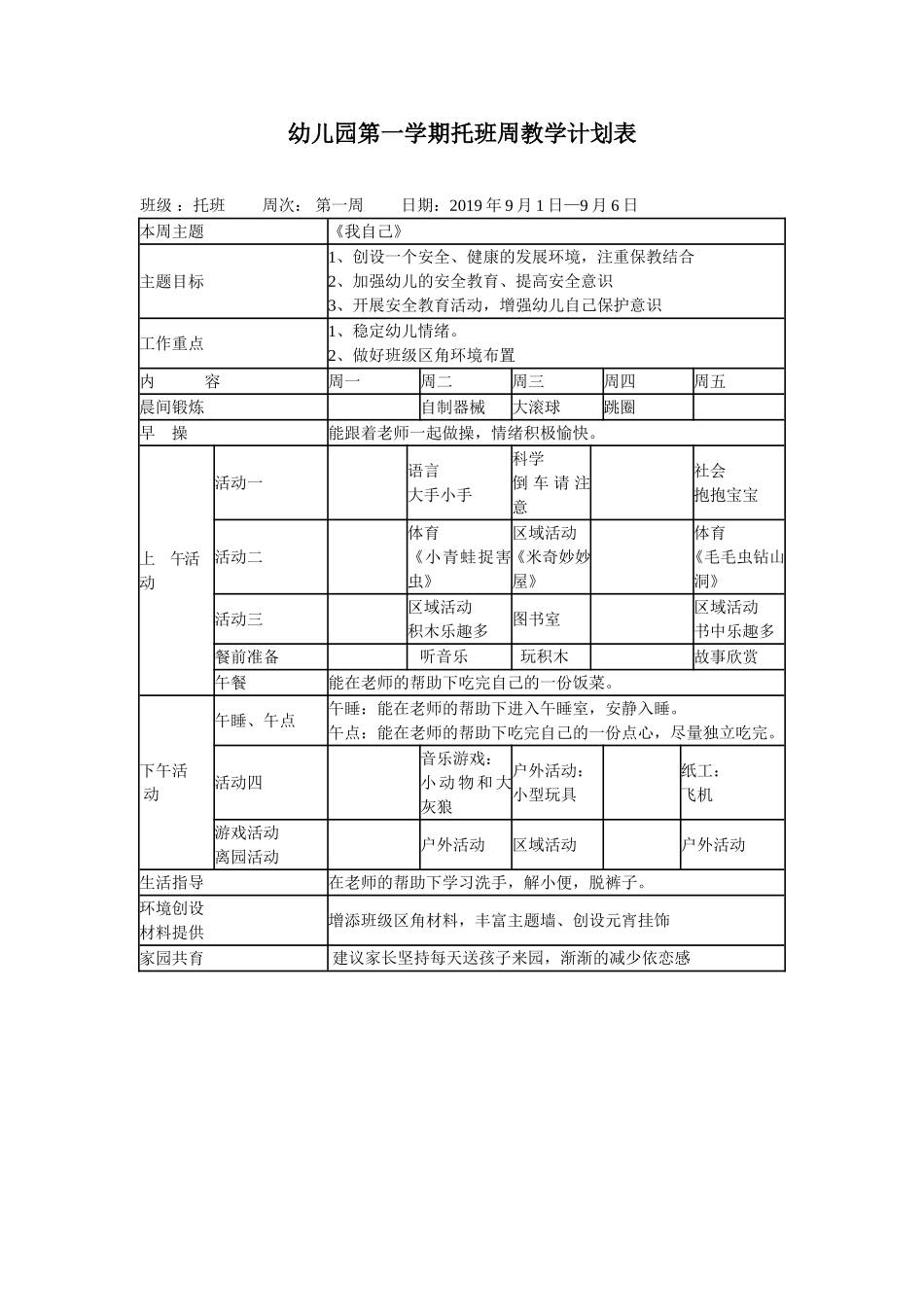 幼儿园1.托班第一学期周教学计划 13周.doc_第1页
