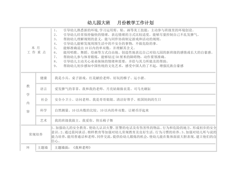 幼儿园7.大班月教学工作计划.doc_第1页
