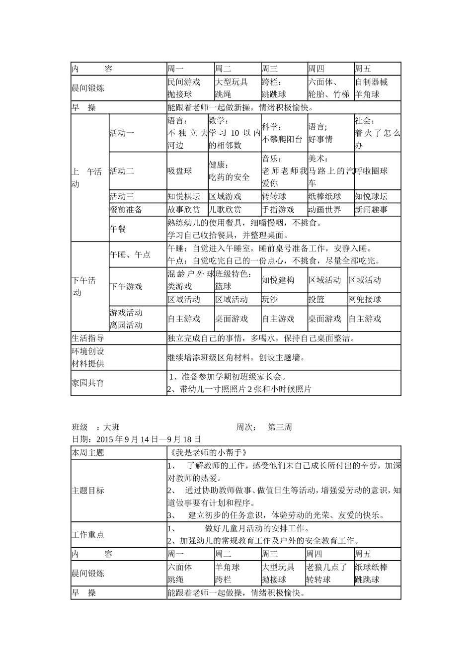 幼儿园9.大班第一学期周教学计划 13周.doc_第2页